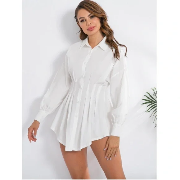 White Waist Fitted Drop Shoulder Buttoned Shirt - Picture 9 of 17